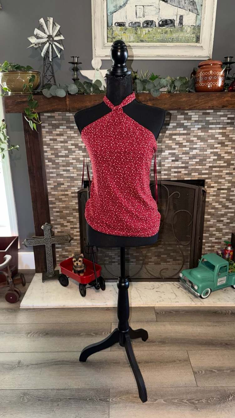 New York & Company Halter Top Size M Red Polka Dot Tie Back
